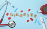 Medical equipment for diabetics and the word Diabetes on blue background, top view