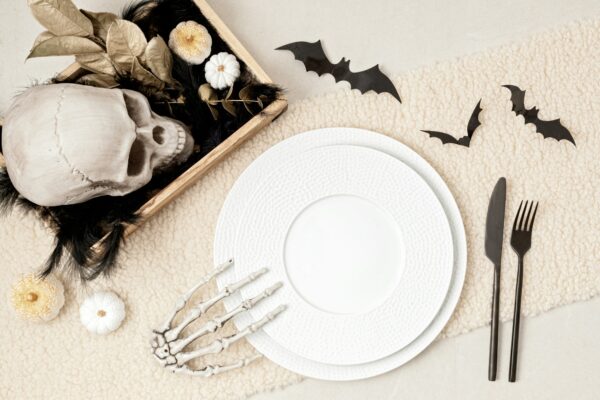 Halloween table arrangement with plate mockup and table centerpiece