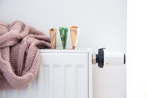 Radiator with thermostat and euro money banknotes.