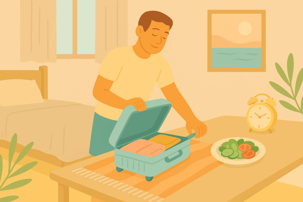 Persona che torna a casa dalle vacanze e riprende la routine con serenità