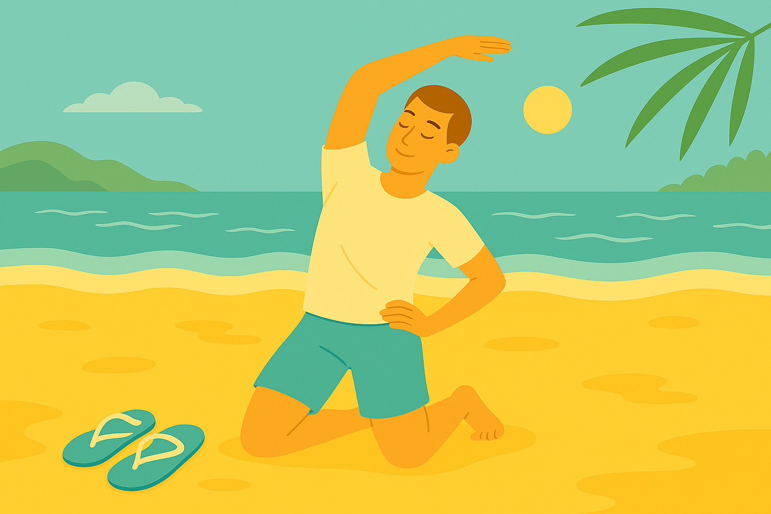 Persona che fa yoga e stretching sulla spiaggia per mantenersi tonica