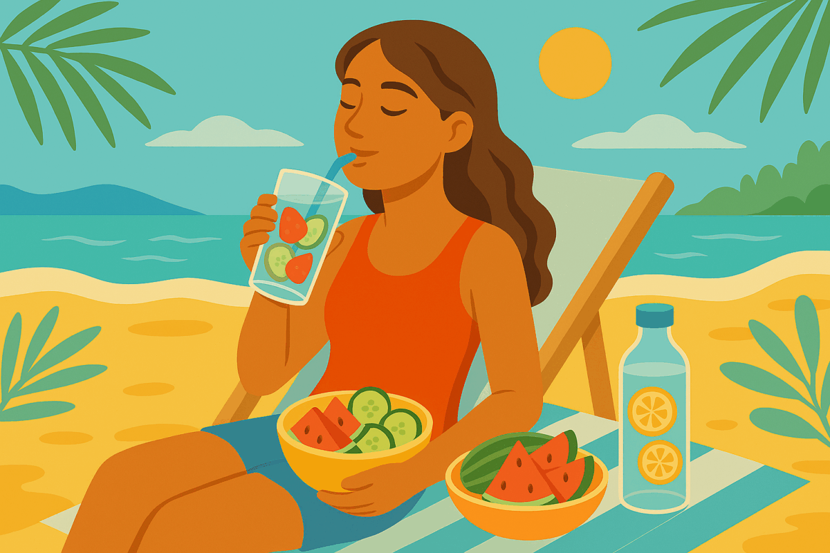 Idratazione perfetta in vacanza: persona che beve acqua e mangia frutta fresca in spiaggia