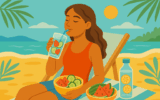Idratazione perfetta in vacanza: persona che beve acqua e mangia frutta fresca in spiaggia