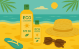 Flaconi di crema solare eco-friendly sulla sabbia con mare sullo sfondo