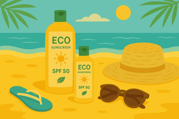 Flaconi di crema solare eco-friendly sulla sabbia con mare sullo sfondo