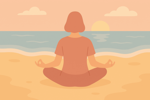 Persona che medita sulla spiaggia al tramonto per praticare mindfulness in vacanza